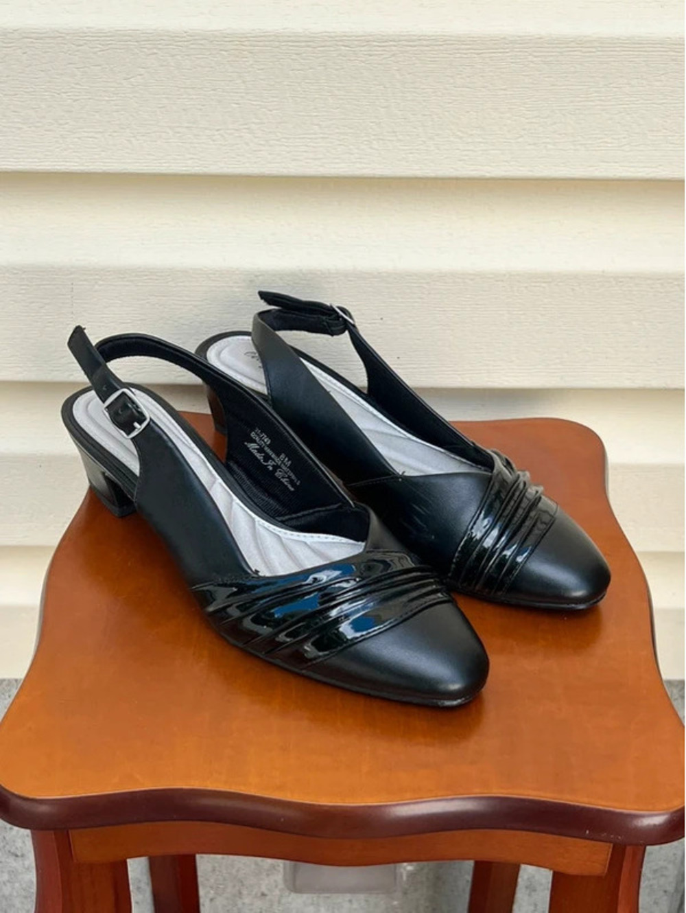 Black Slingback Pumps Size 8M Low Block Heel Patent Accent Dress Shoes